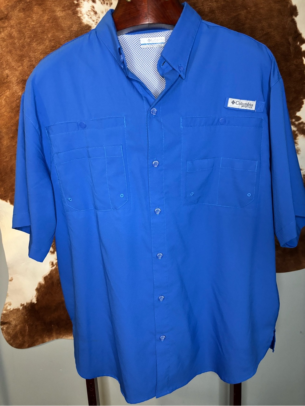 Columbia PFG Omni-Shade Fishing Shirt Men’s Lrg | Blue Short Sleeve Performance
